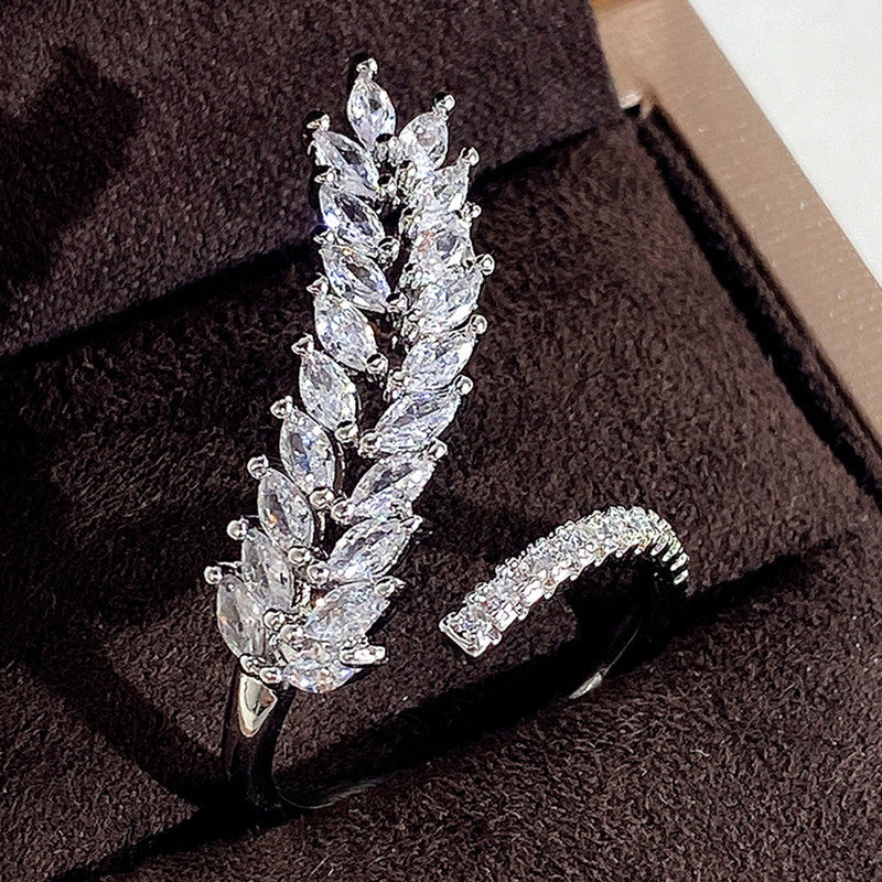 Silver Plated Anti Tarnish CZ Stone-Studded Leaf inspired Adjustable Finger Ring