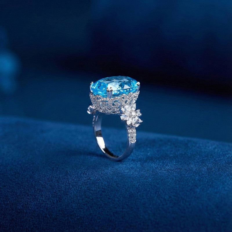Silver Plated American Diamond Crushed Ice Cut Blue Oval Finger Ring