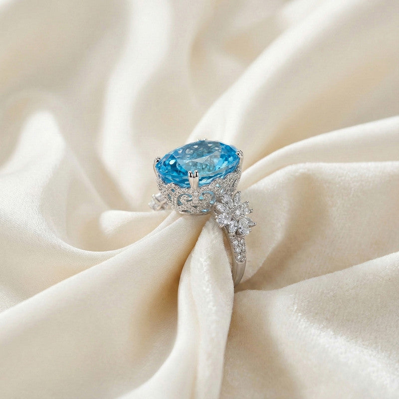 Silver Plated American Diamond Crushed Ice Cut Blue Oval Finger Ring