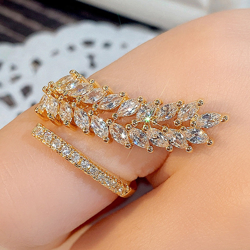 Gold Plated CZ Stone-Studded Leaf inspired Adjustable Finger Ring