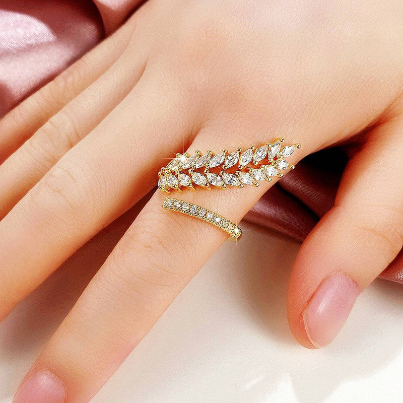 Gold Plated CZ Stone-Studded Leaf inspired Adjustable Finger Ring