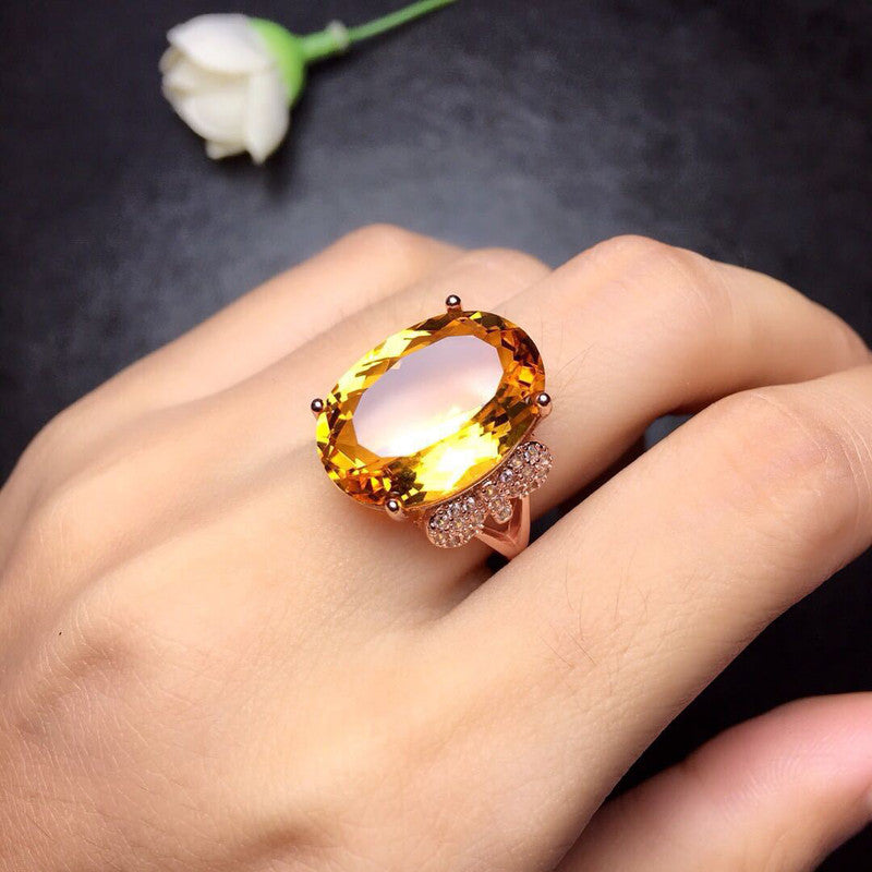 Rose Gold Plated American Diamond Crushed Ice Cut Yellow Oval Finger Ring - MySmartBazaar