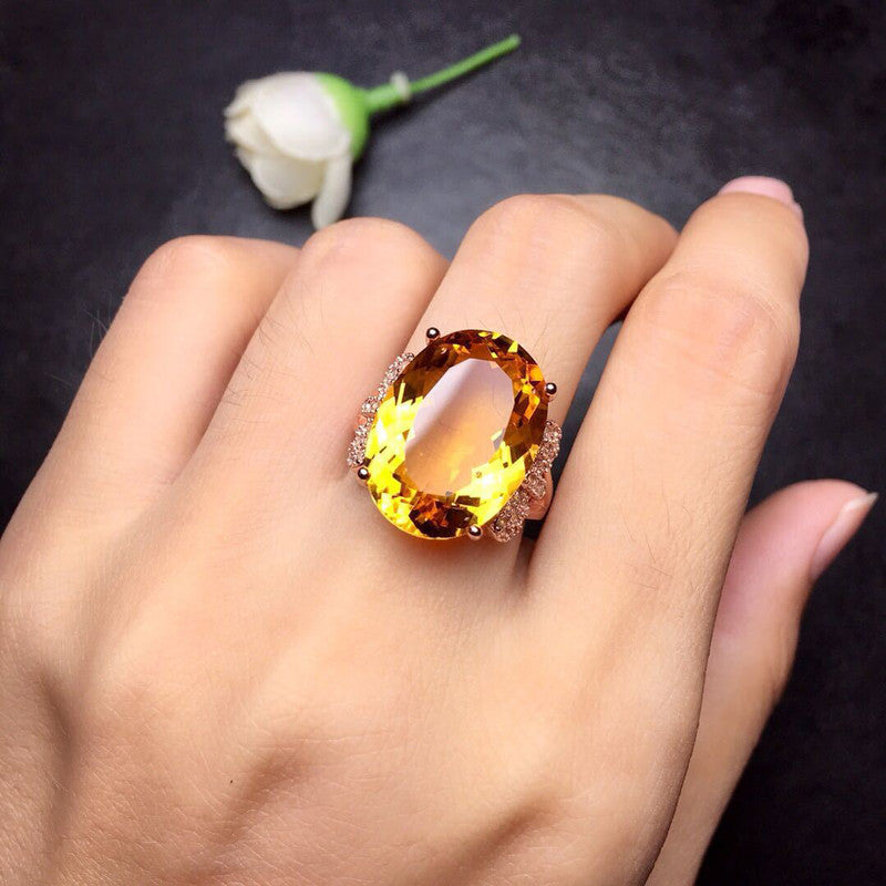 Rose Gold Plated American Diamond Crushed Ice Cut Yellow Oval Finger Ring - MySmartBazaar