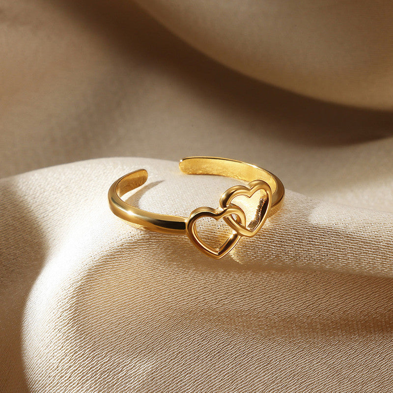 Gold Plated Anti Tarnish Stainless Steel Heart Themed Adjustable Finger Ring
