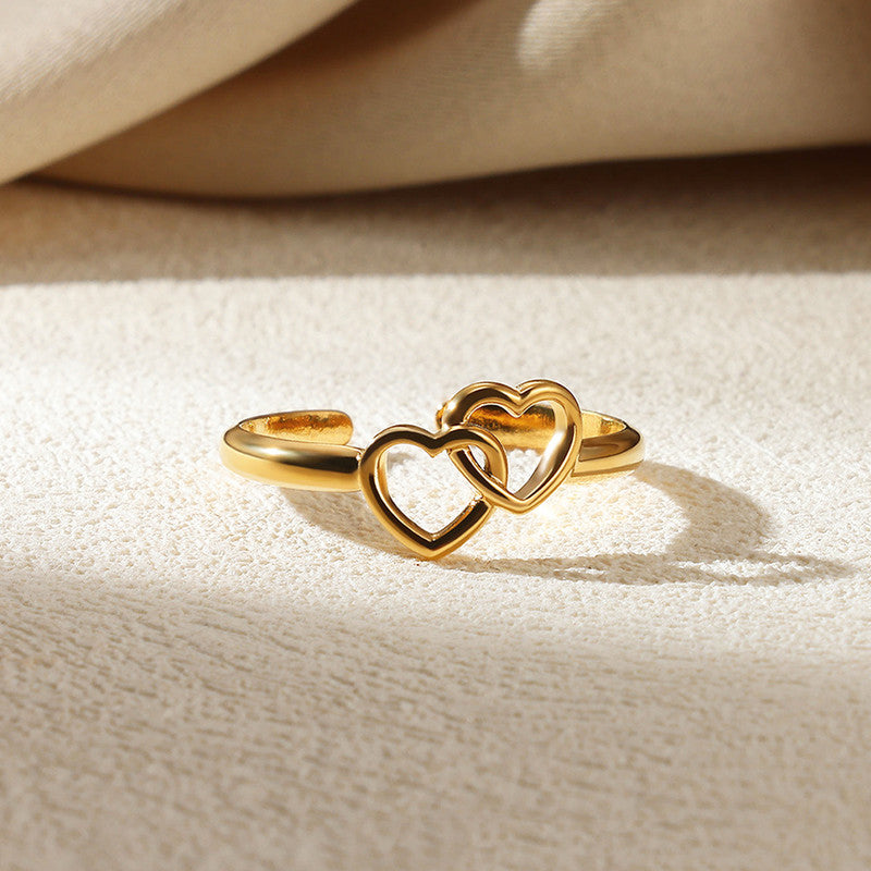 Gold Plated Anti Tarnish Stainless Steel Heart Themed Adjustable Finger Ring