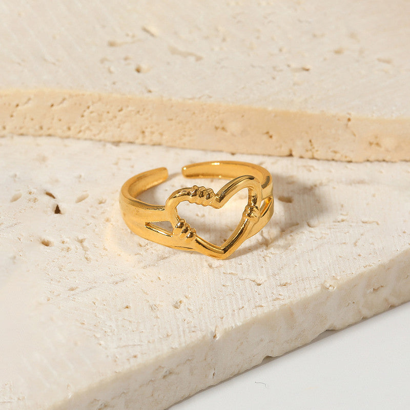 Gold Plated Anti Tarnish Stainless Steel Heart Themed Adjustable Finger Ring