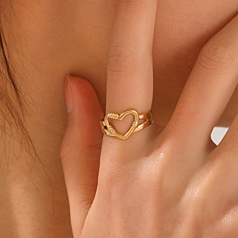 Gold Plated Anti Tarnish Stainless Steel Heart Themed Adjustable Finger Ring