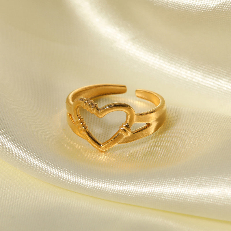Gold Plated Anti Tarnish Stainless Steel Heart Themed Adjustable Finger Ring