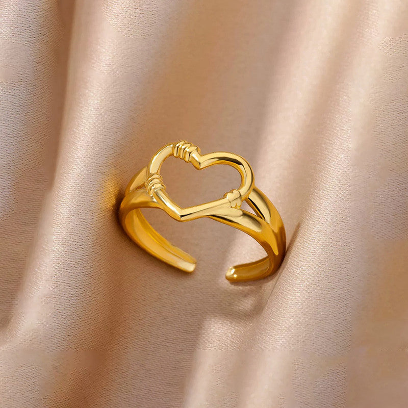 Gold Plated Anti Tarnish Stainless Steel Heart Themed Adjustable Finger Ring