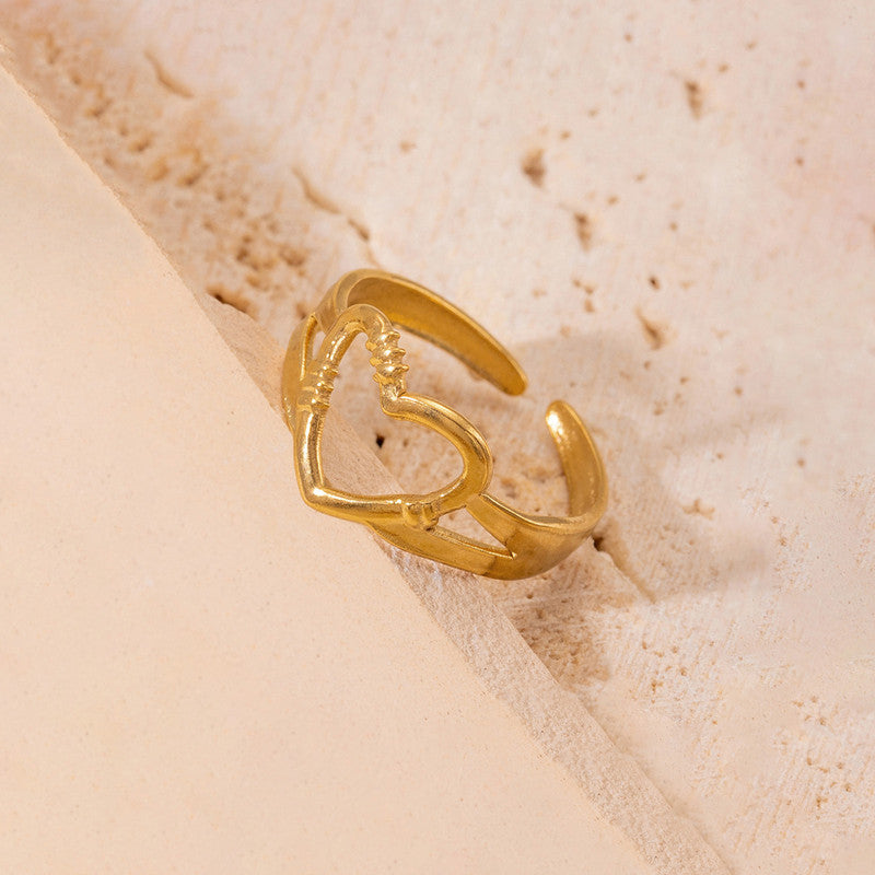 Gold Plated Anti Tarnish Stainless Steel Heart Themed Adjustable Finger Ring