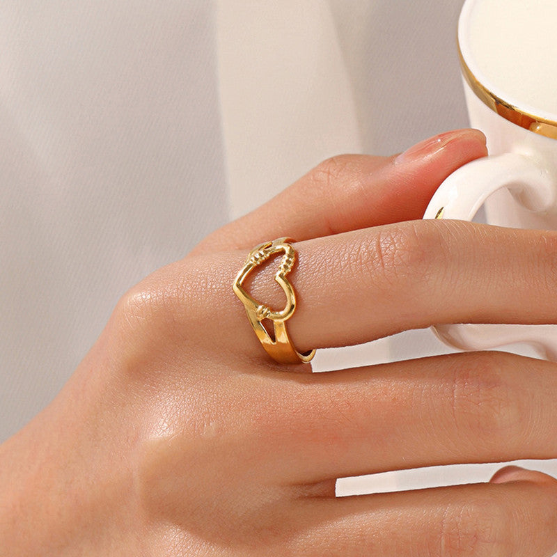 Gold Plated Anti Tarnish Stainless Steel Heart Themed Adjustable Finger Ring