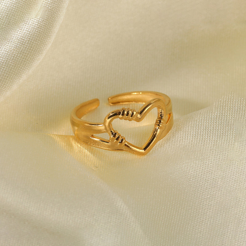 Gold Plated Anti Tarnish Stainless Steel Heart Themed Adjustable Finger Ring
