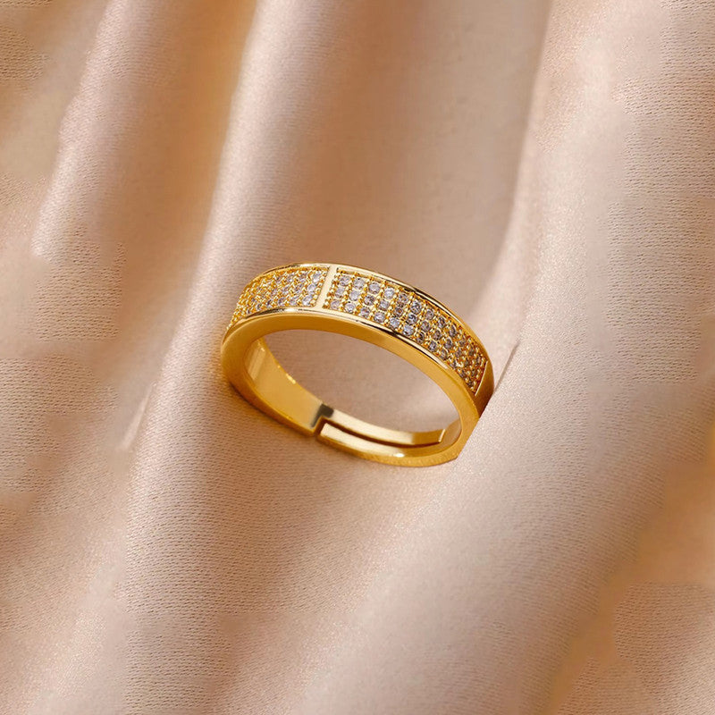 Gold Plated Anti Tarnish Stainless Steel AD studded Adjustable Finger Ring