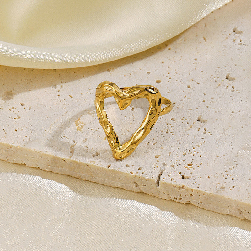 Gold Plated Anti Tarnish Stainless Steel Heart Themed Adjustable Finger Ring