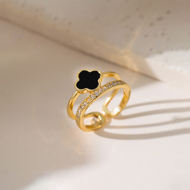 Gold Plated Anti Tarnish Stainless Steel Clover Themed Adjustable Finger Ring