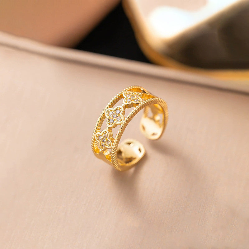 Gold Plated Anti Tarnish Stainless Steel Clover Themed Adjustable Finger Ring