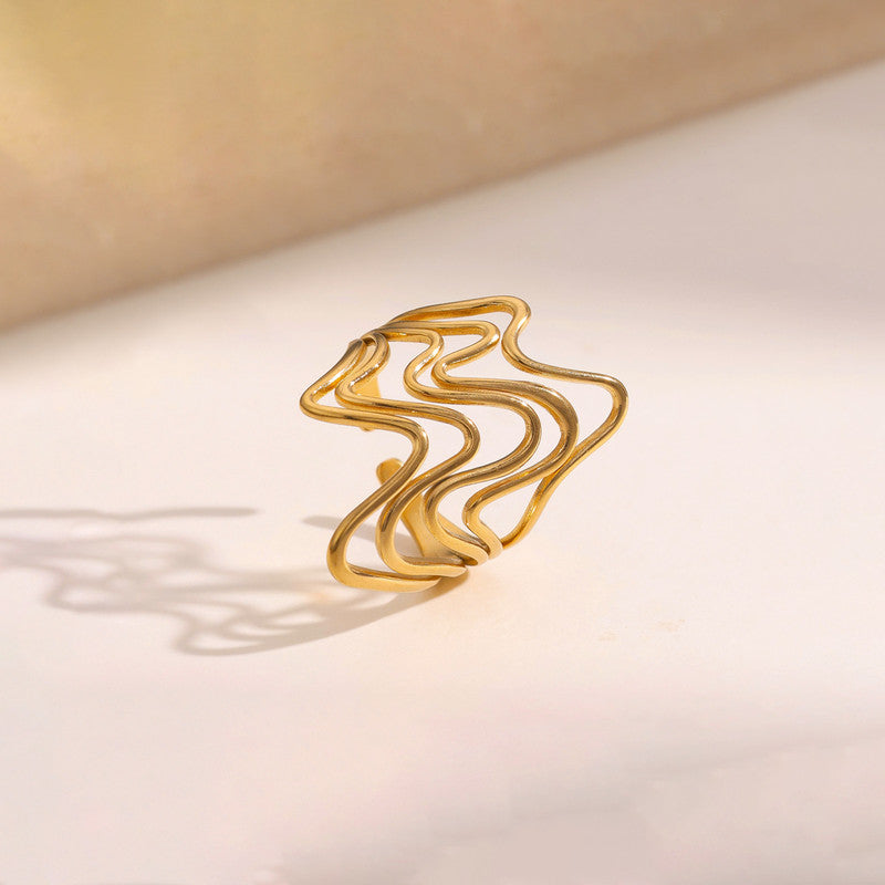 Gold Plated Anti Tarnish Stainless Steel Wave Style Contemporary Ring