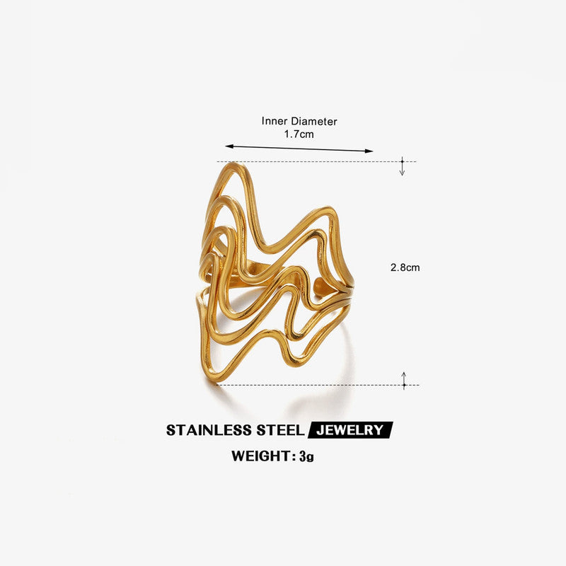 Gold Plated Anti Tarnish Stainless Steel Wave Style Contemporary Ring