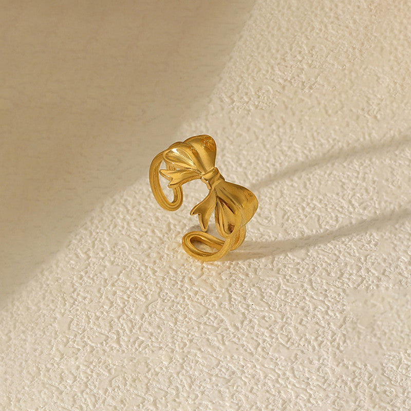 Gold-Plated Anti Tarnish Stainless Steel Bow Themed Adjustable Ring