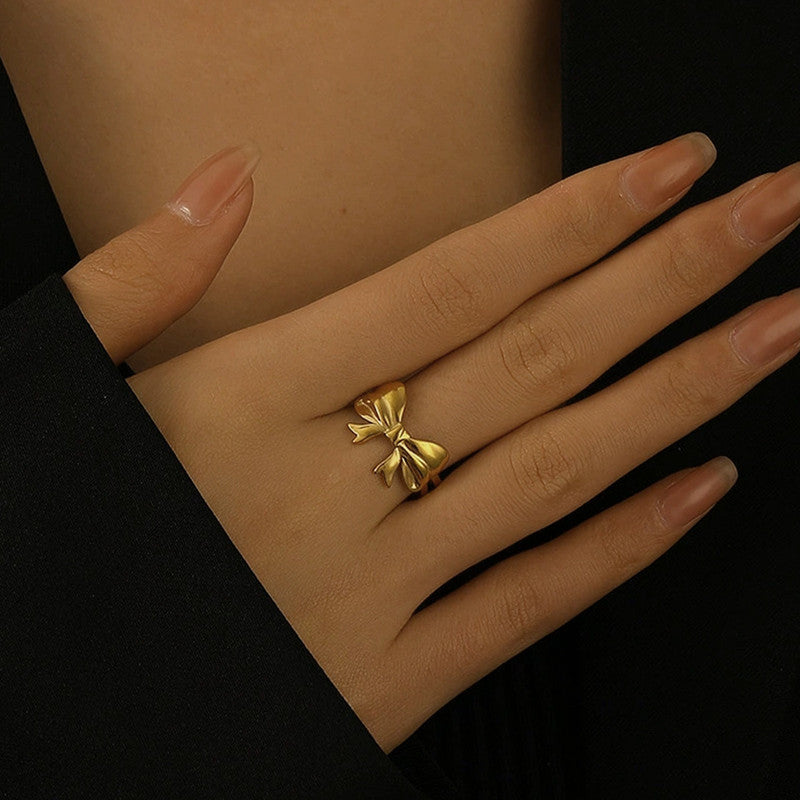 Gold-Plated Anti Tarnish Stainless Steel Bow Themed Adjustable Ring