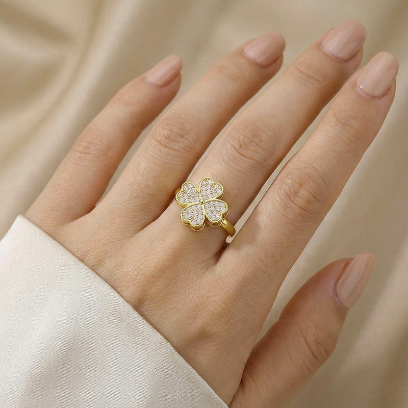 Gold Plated Clover Themed Rotatable Adjustable Ring