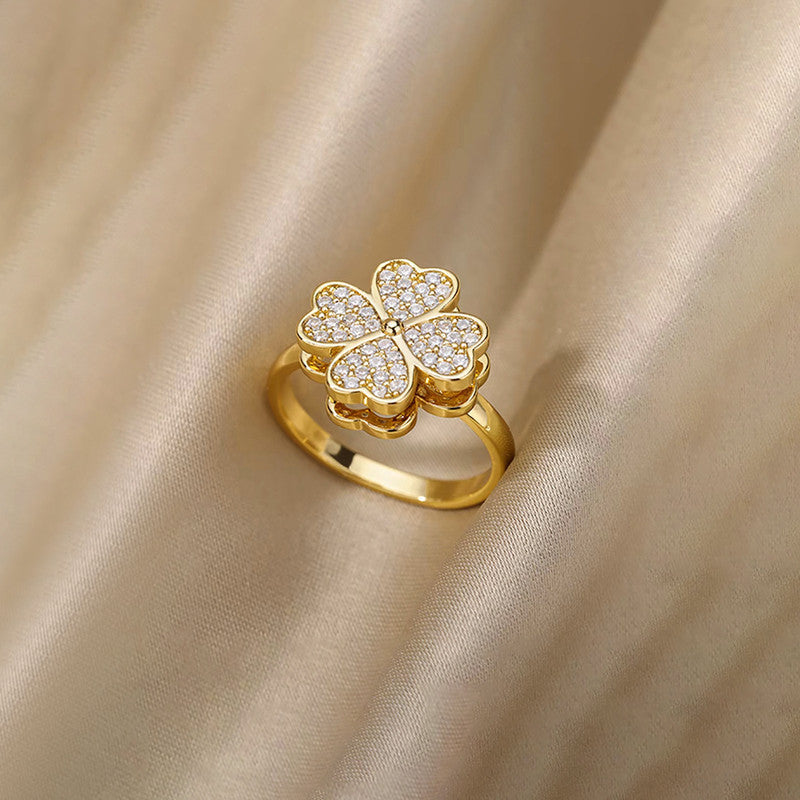 Gold Plated Clover Themed Rotatable Adjustable Ring