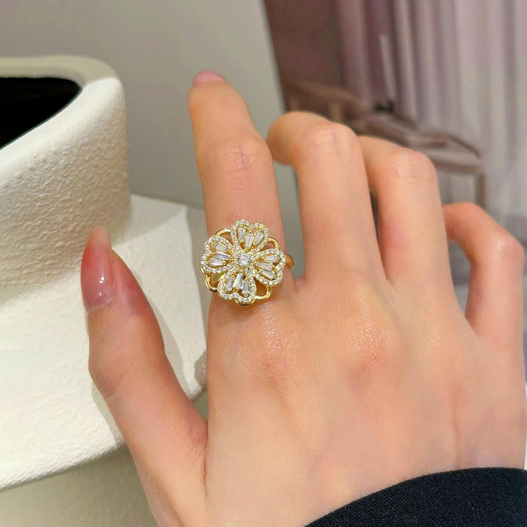 Gold Plated Clover Themed Rotatable Adjustable Ring