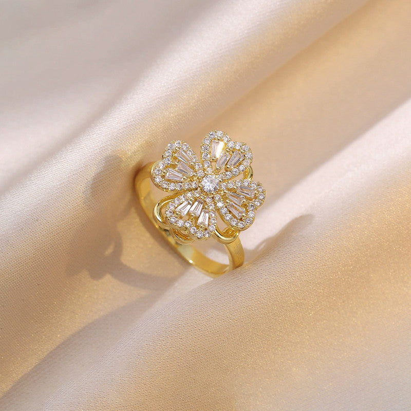 Gold Plated Clover Themed Rotatable Adjustable Ring
