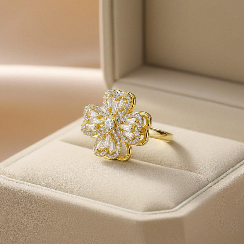 Gold Plated Clover Themed Rotatable Adjustable Ring