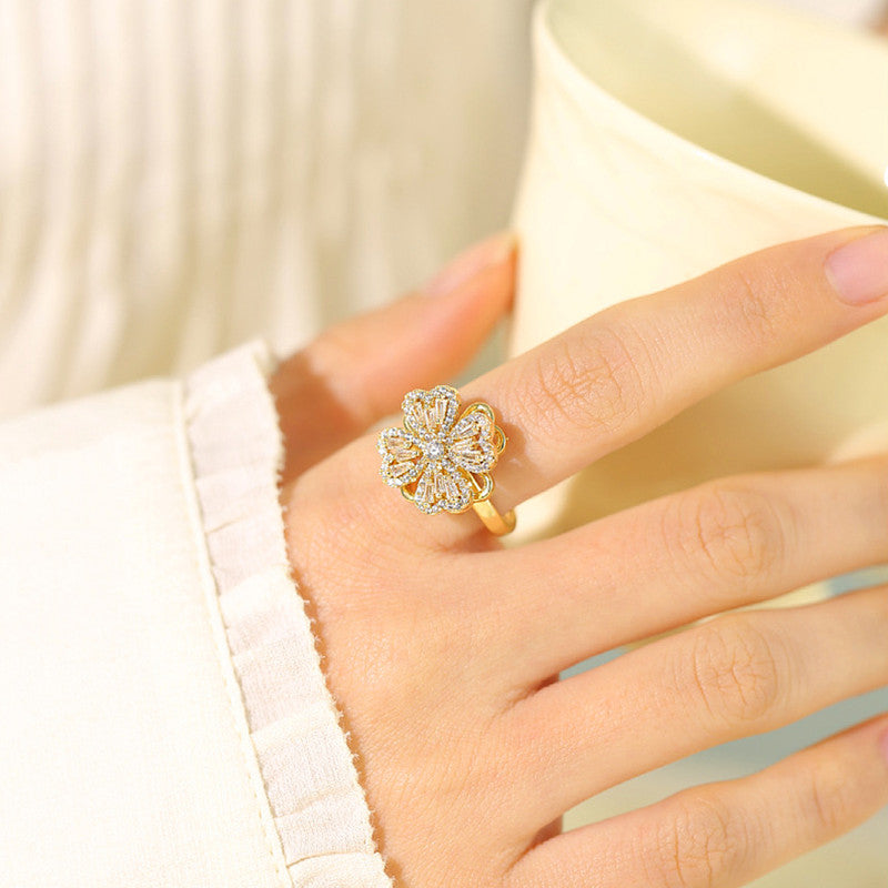 Gold Plated Clover Themed Rotatable Adjustable Ring