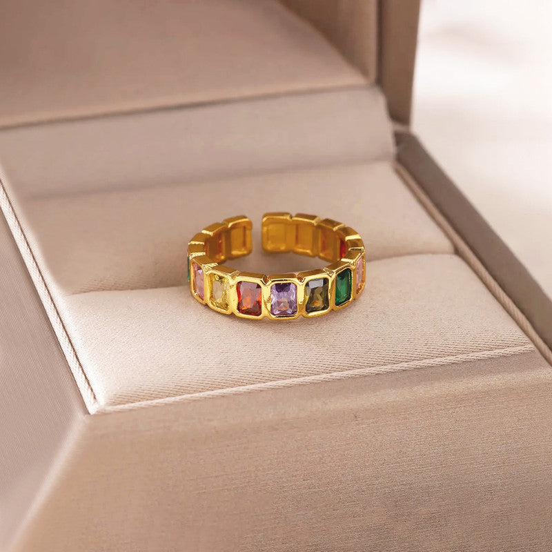 Gold-Plated Multicolor Square ADs Adjustable Ring