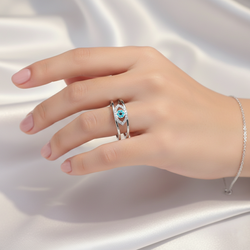 Silver Plated Contemporary Style Evil Eye Themed Adjustable Ring