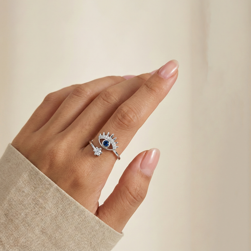 Silver-Plated Evil Eye Themed Adjustable Ring