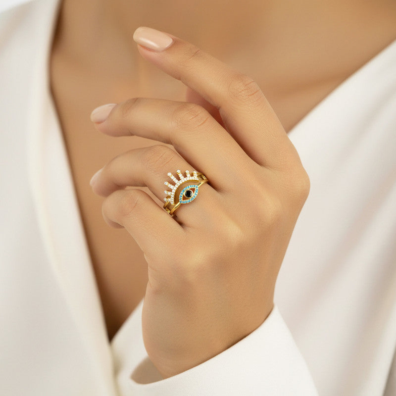 Gold Plated Contemporary Style Evil Eye Themed Adjustable Ring