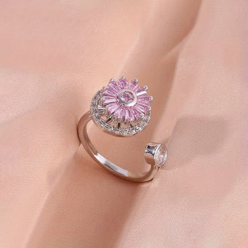 Silver Plated Round Shape Pink Rotatable Adjustable Ring