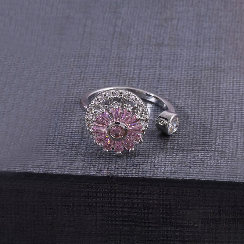 Silver Plated Round Shape Pink Rotatable Adjustable Ring