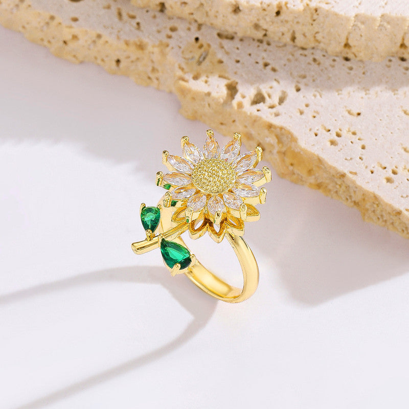 Gold Plated Floral Style Multicolor Rotatable Adjustable Ring