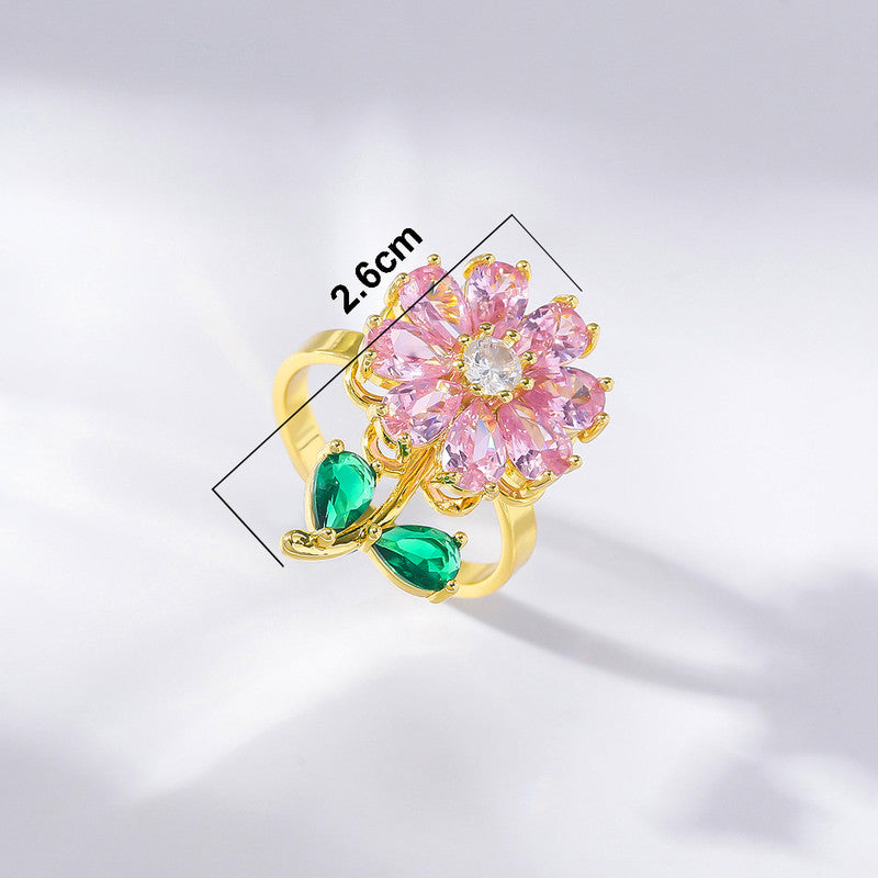 Gold Plated Floral Style Multicolor Rotatable Adjustable Ring