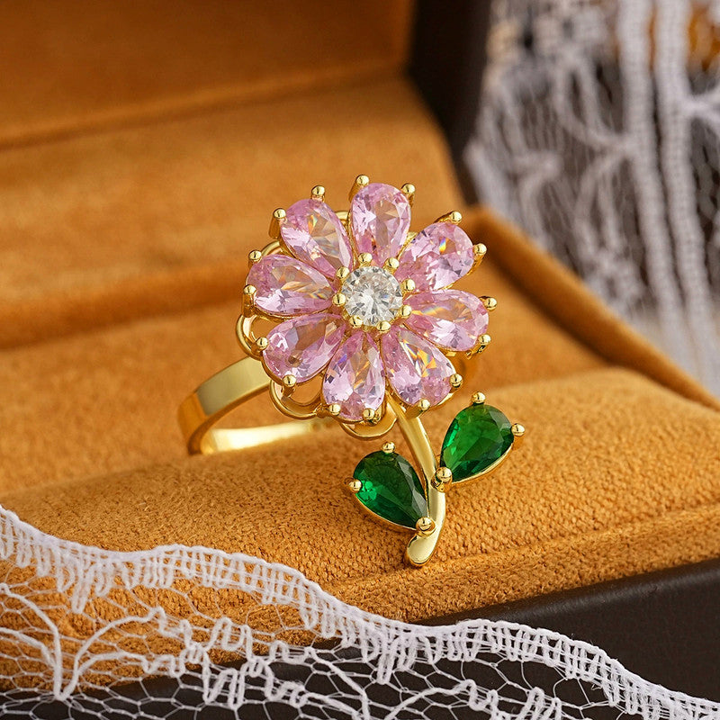 Gold Plated Floral Style Multicolor Rotatable Adjustable Ring
