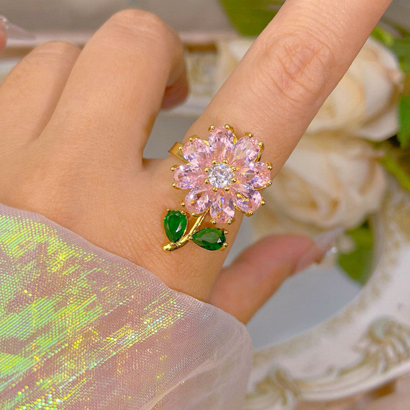 Gold Plated Floral Style Multicolor Rotatable Adjustable Ring