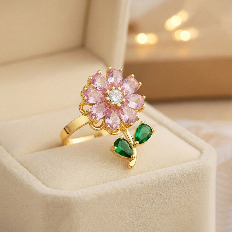 Gold Plated Floral Style Multicolor Rotatable Adjustable Ring