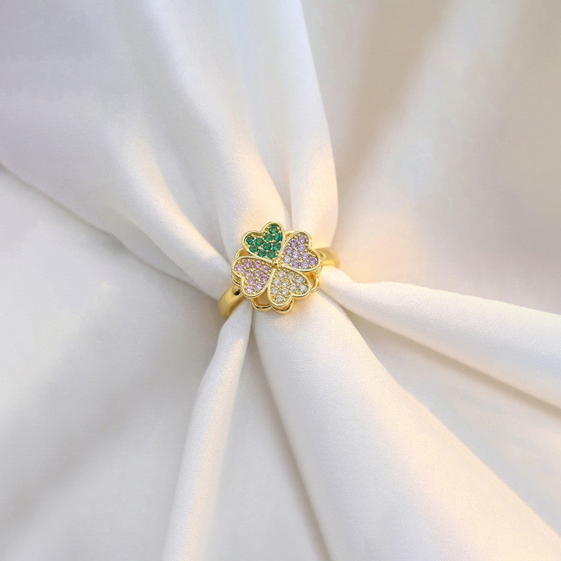 Gold Plated Clover Themed Multicolor Rotatable Adjustable Ring