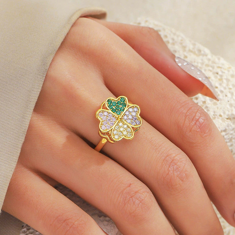 Gold Plated Clover Themed Multicolor Rotatable Adjustable Ring