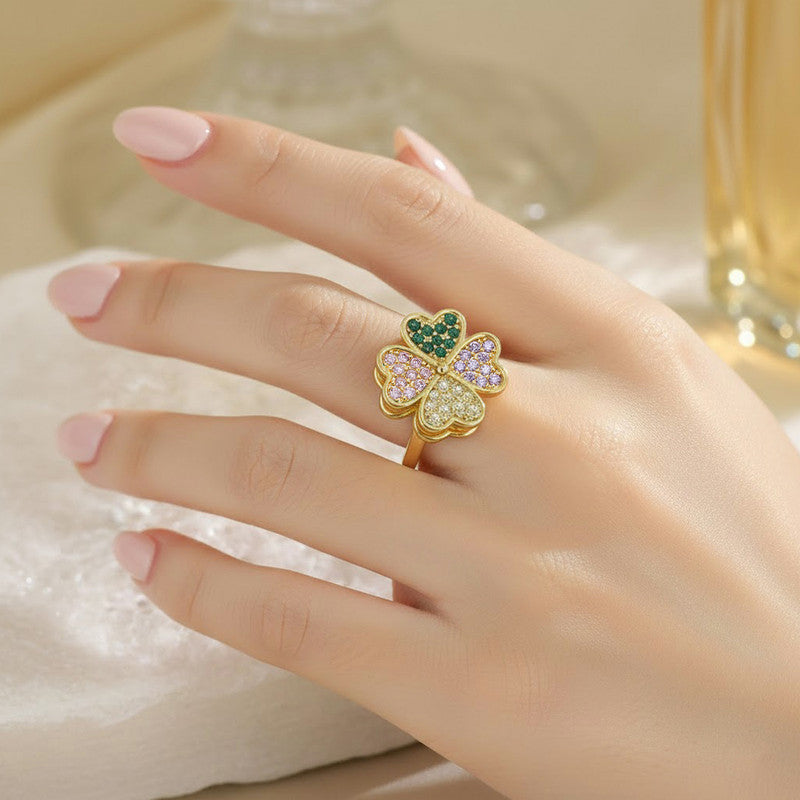 Gold Plated Clover Themed Multicolor Rotatable Adjustable Ring