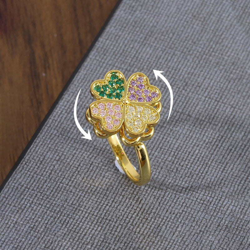 Gold Plated Clover Themed Multicolor Rotatable Adjustable Ring