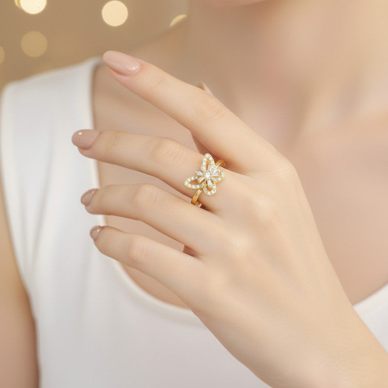 Gold Plated Butterfly Shaped Rotatable Adjustable Ring