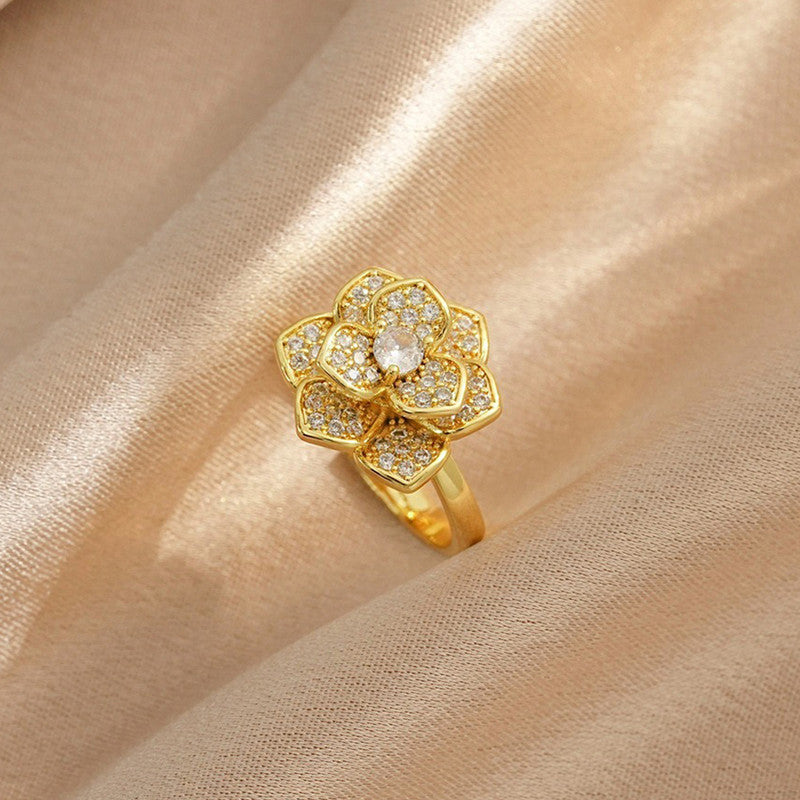 Gold Plated Floral Shaped Rotatable Adjustable Ring