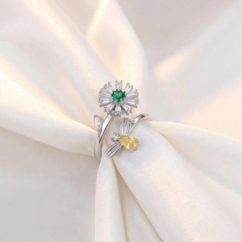 Silver Plated Floral Style Multicolor Rotatable Adjustable Ring