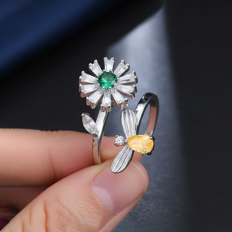 Silver Plated Floral Style Multicolor Rotatable Adjustable Ring