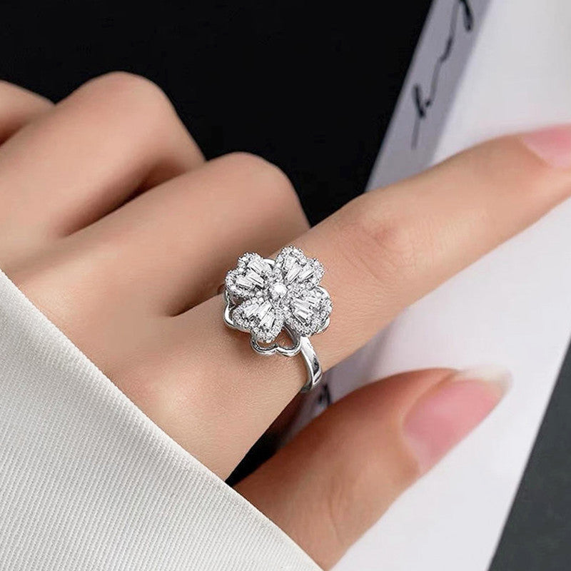 Silver Plated Clover Themed Rotatable Adjustable Ring